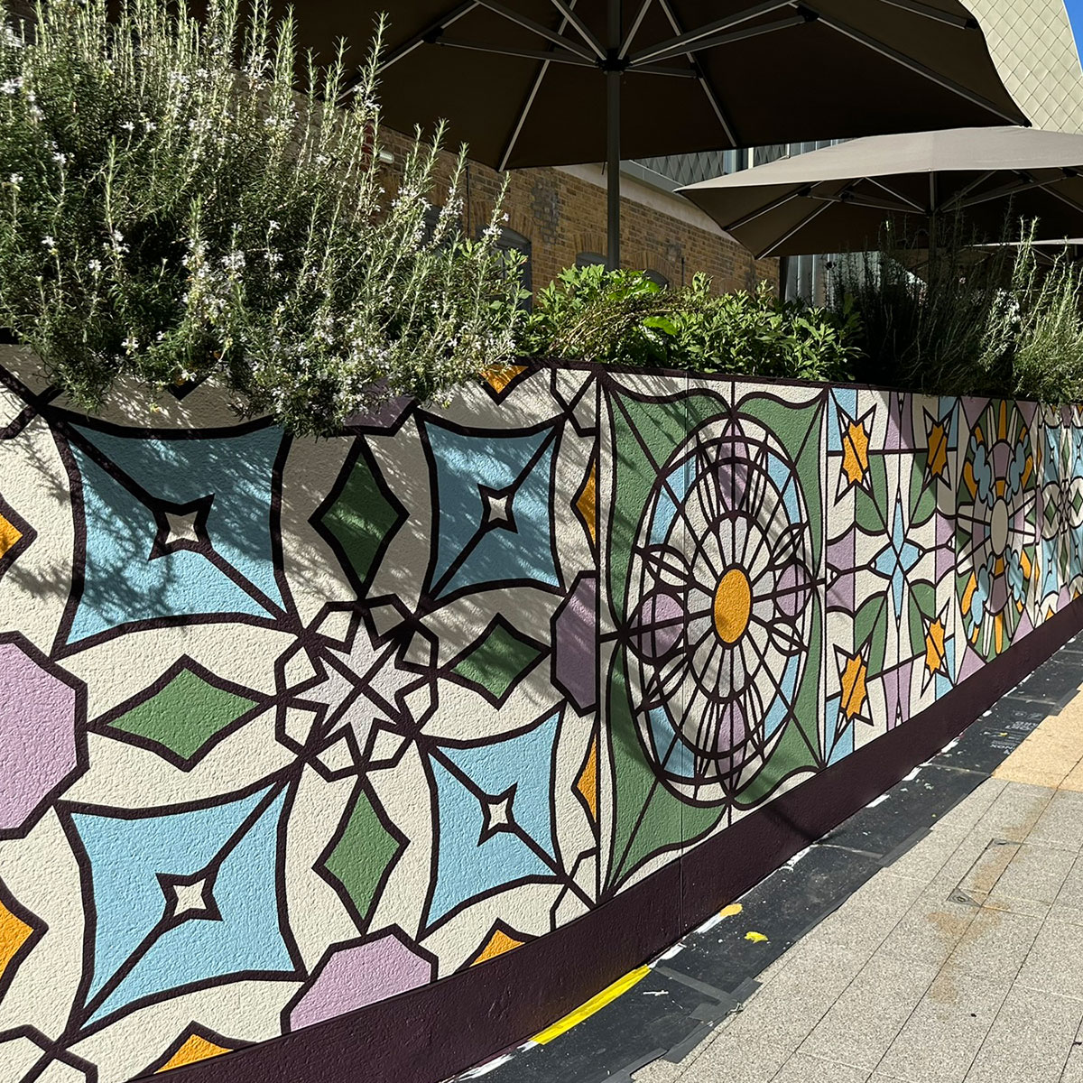 Kaleidoscopic Heritage - Mural by Andy Welland inspired by Bromley Old Town Halls historic stained glass reimagined through colour pattern and abstraction.