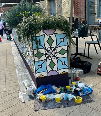 Kaleidoscopic Heritage - Mural by Andy Welland inspired by Bromley Old Town Halls historic stained glass reimagined through colour pattern and abstraction.