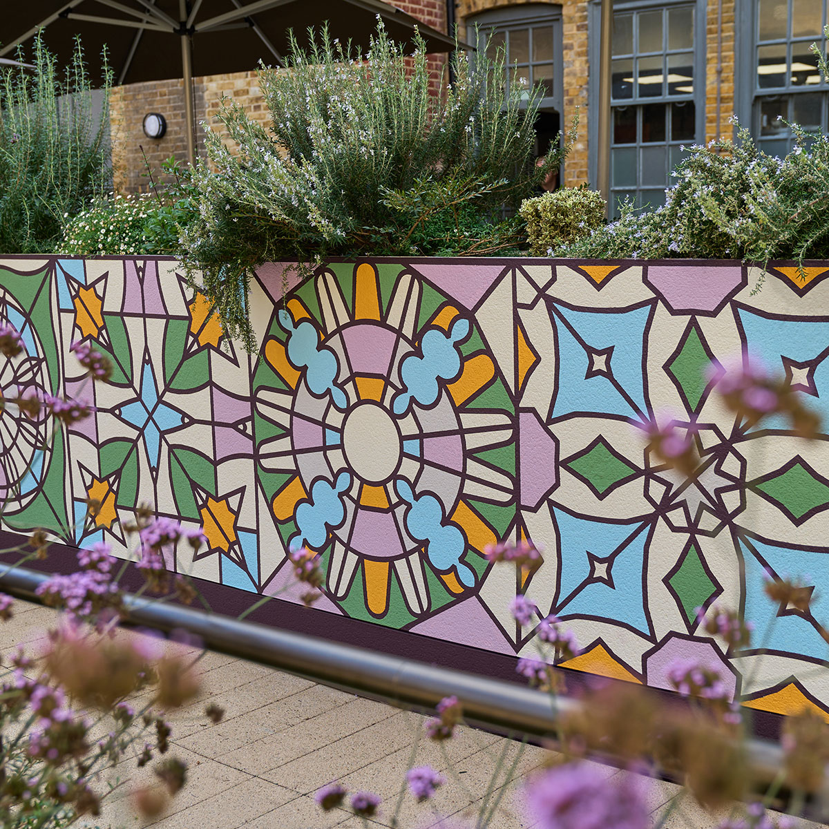 Bromley13-SQ Kaleidoscopic Heritage - Mural by Andy Welland inspired by Bromley Old Town Halls historic stained glass reimagined through colour pattern and abstraction.